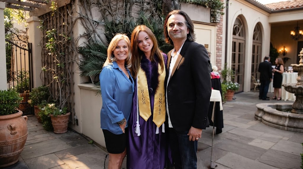 Three family members posing together outdoors