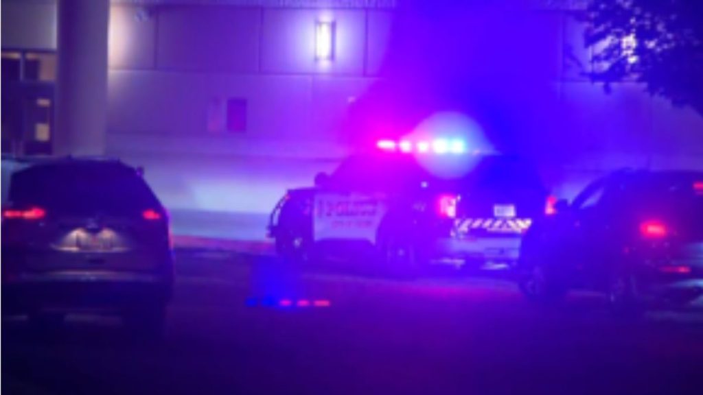 Police vehicles with flashing emergency lights at night