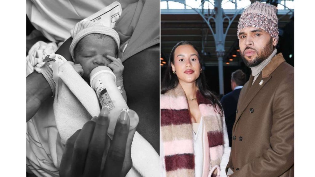 Chris Brown and Jada Wallace featured in a photo collage with their newborn baby